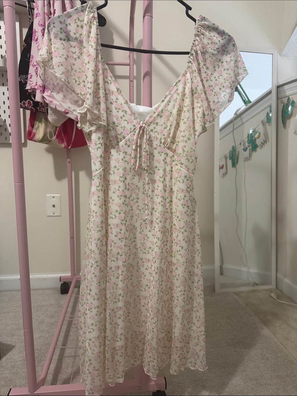 See You Monday Pink Floral Ruffle-Sleeve Tea Dress